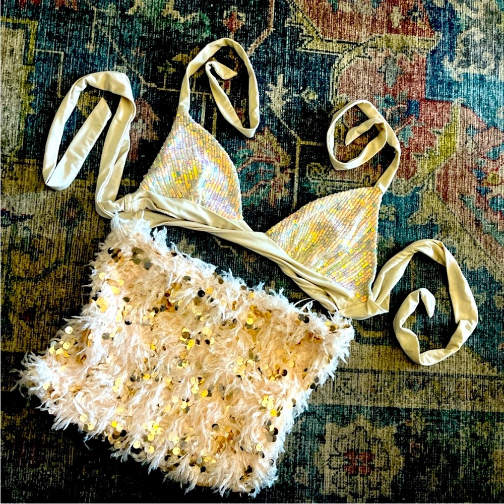 iridescent fairy sequin halter bikini strapless feather tube top fairycore rave - Picture 1 of 7